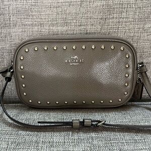 Coach Genuine Leather Two Compartment Silver Rivets Hardware Taupe Crossbody Bag